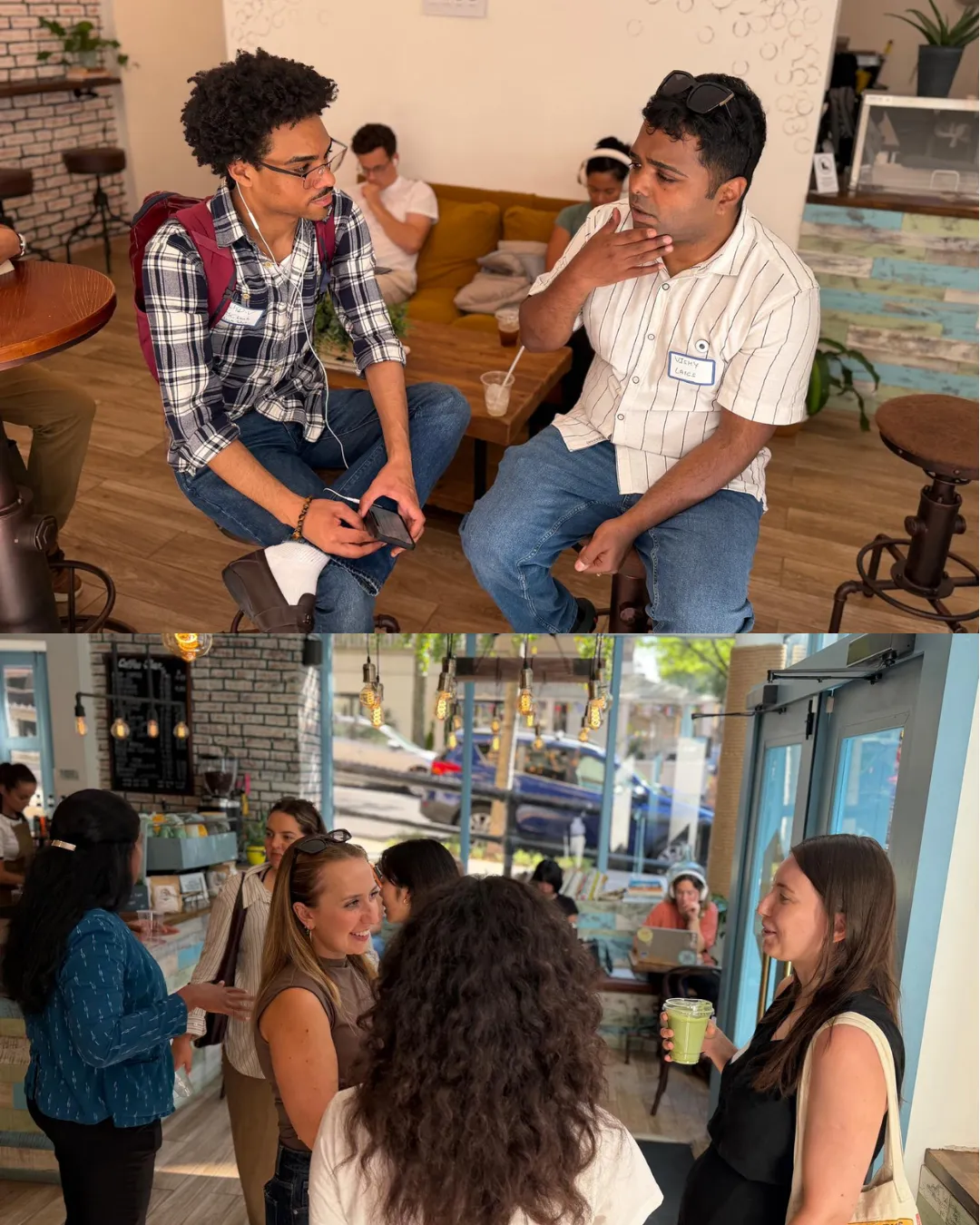 Attendees talk together, both sitting and standing
