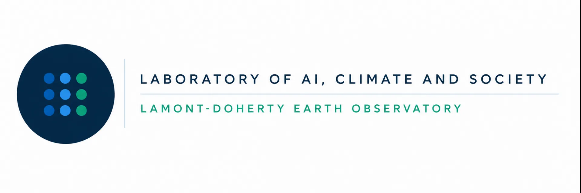 Horizontal logo banner for the Laboratory of AI, Climate and Society at Lamont-Doherty Earth Observatory. A dark navy circular icon on the left contains a three-by-three grid of blue and teal dots, separated by a thin vertical line from the text. The words ‘Laboratory of AI, Climate and Society’ appear in uppercase navy lettering, with ‘Lamont-Doherty Earth Observatory’ below in uppercase teal lettering on a clean white background.