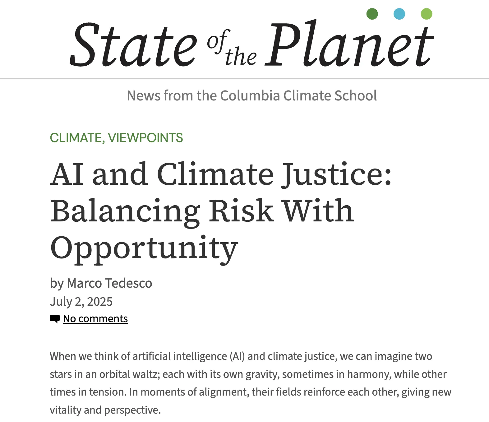 Snapshot of State of the Planet article